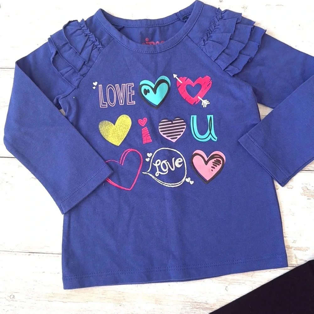 Baby Girl 12m Outfit Black Leggings Blue Long Sleeve Heart Print Shirt Kids